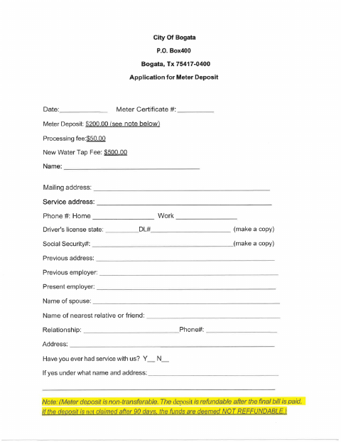 First page of the Meter Deposit Application