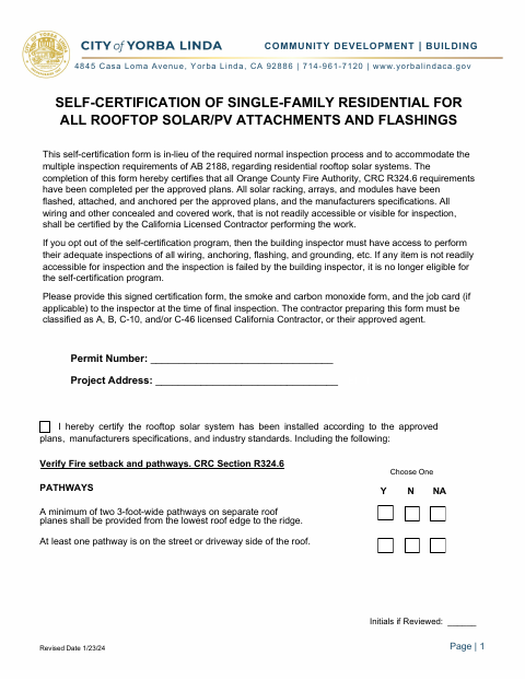 First page of the Self-Certification of Single-Family Residential Rooftop Solar Attachments and Flashings