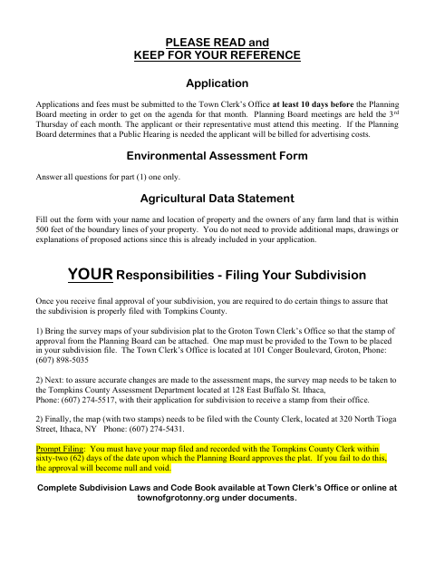 First page of the Major Subdivision Level 1 Application