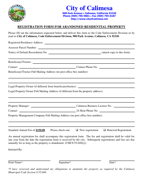 First page of the Registration Form for Abandoned Residential Property