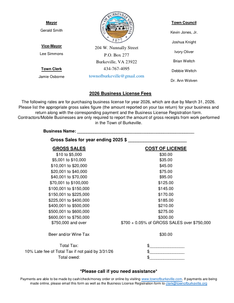 First page of the Business License Fees 2026