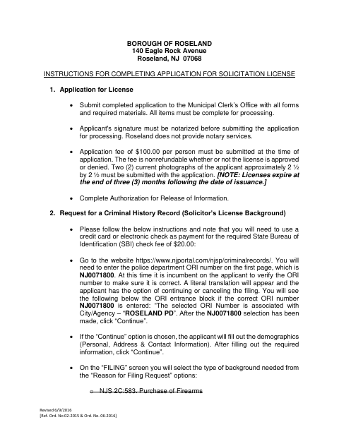 First page of the Solicitation License Application