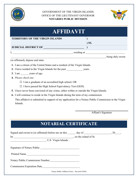 First page of the Notary Commission Application Affidavit