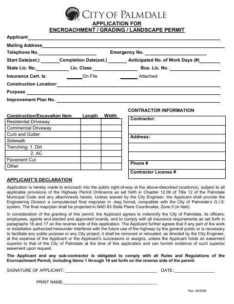 First page of the Application for Encroachment/Grading/Landscape Permit