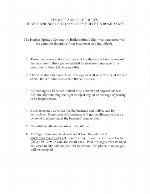 First page of the Community Bulletin Board Sign Message Form