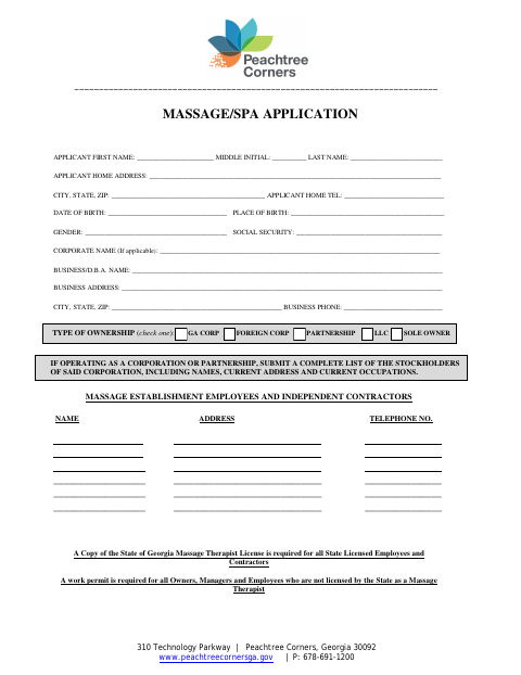 First page of the Massage Spa Establishment License Application