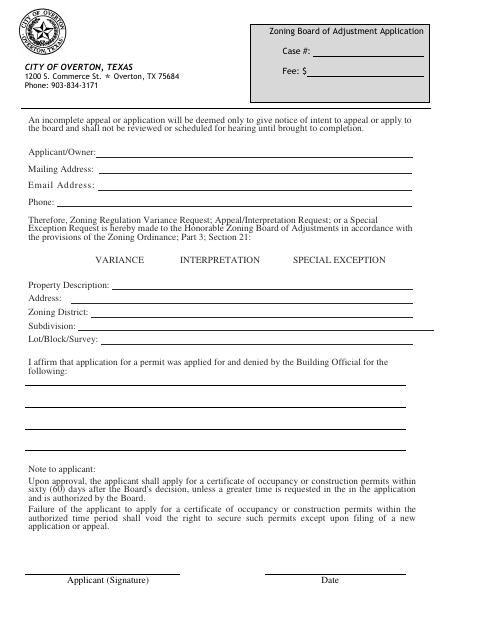 First page of the Zoning Board of Adjustment Application