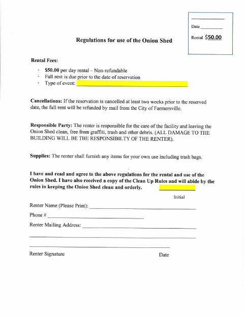 First page of the Onion Shed Rental Application