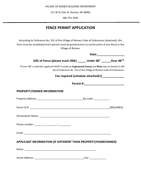First page of the Fence Permit Application