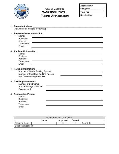 First page of the Vacation Rental Permit Application