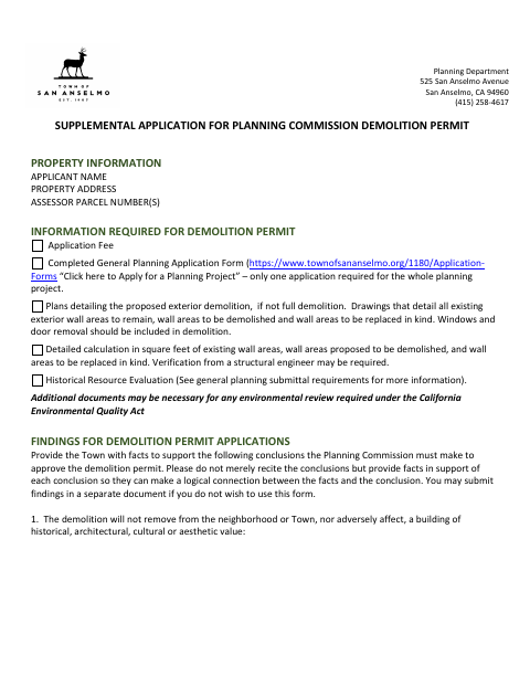 First page of the Supplemental Application for Planning Commission Demolition Permit