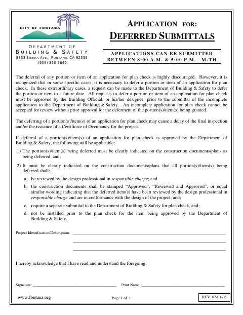 First page of the Application for Deferred Submittals