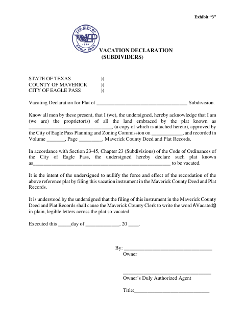 First page of the Vacation Declaration (Subdividers)