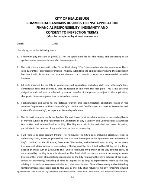 First page of the Commercial Cannabis License Financial Responsibility and Indemnity Agreement