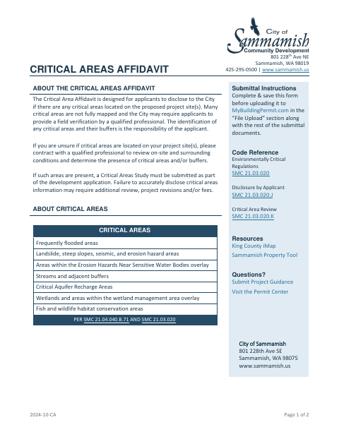 First page of the Critical Areas Affidavit