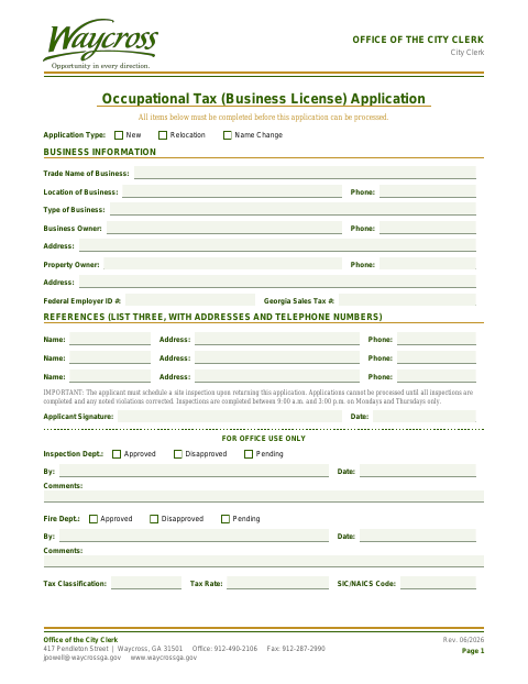 First page of the Business License / Occupational Tax Application