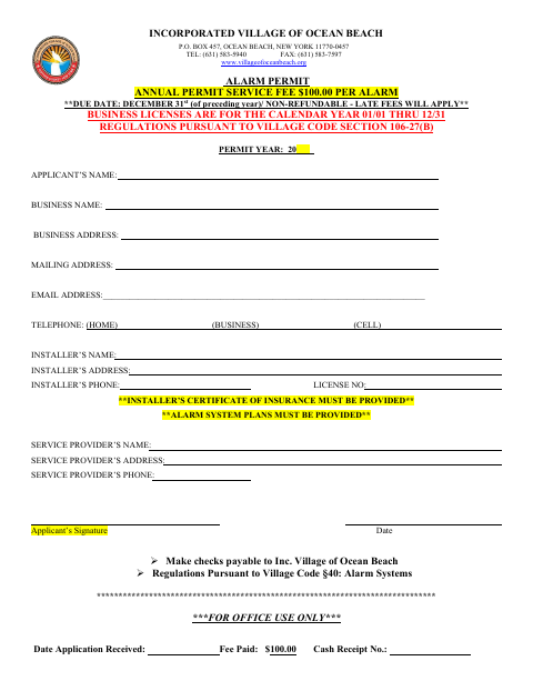 First page of the Alarm Permit