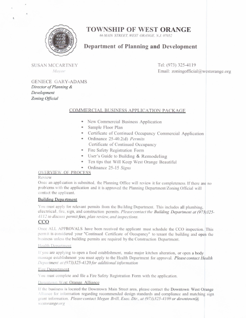 First page of the New Business / Change of Use Application (Commercial)