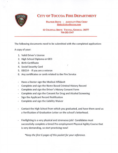 First page of the Fire Department Employment Application