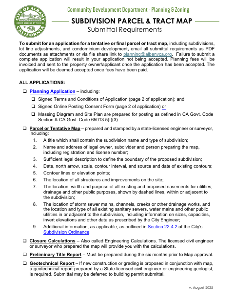 First page of the Subdivision Parcel & Tract Map Submittal Requirements