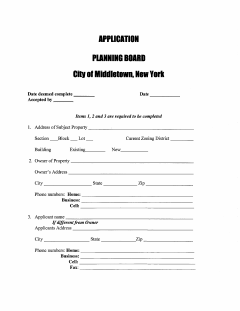 First page of the Planning Board Application
