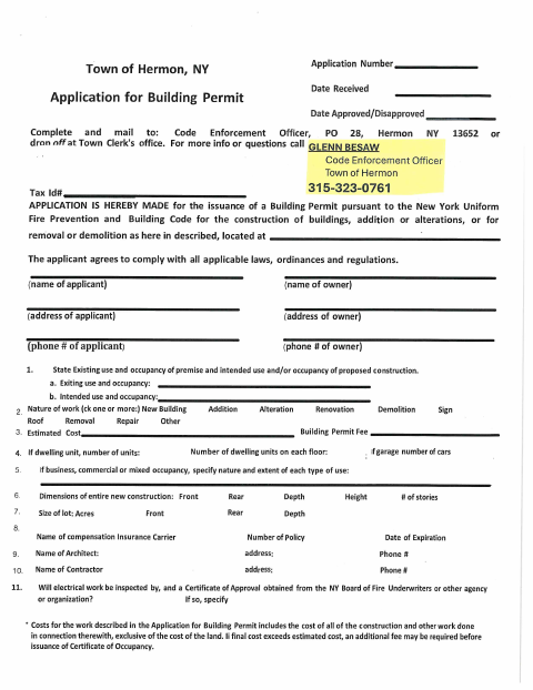 First page of the Application for Building Permit