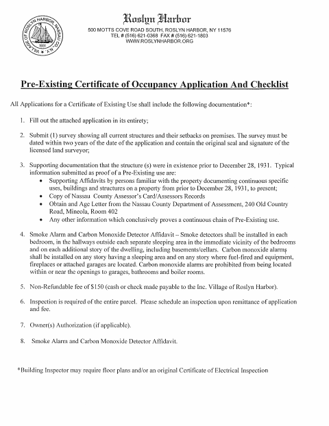 First page of the Pre-Existing Certificate of Occupancy Application