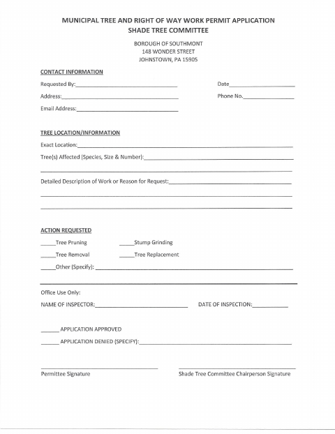 First page of the Municipal Tree and Right of Way Work Permit Application