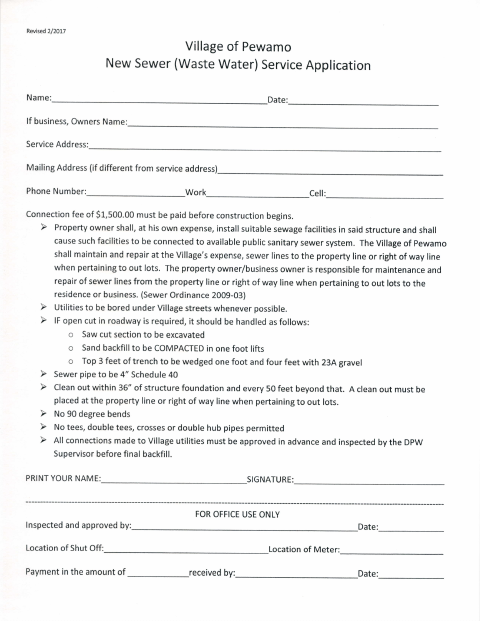 First page of the Waste Water Service Application