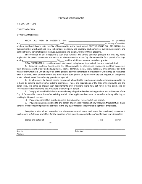 First page of the Itinerant Vendors / Solicitors Permit With Bond