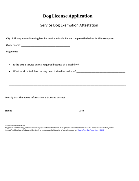 First page of the Service Dog Exemption Attestation