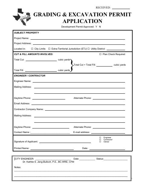 First page of the Grading & Excavation Permit Application