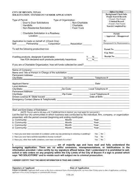 First page of the Solicitation / Itinerant Vendor Application