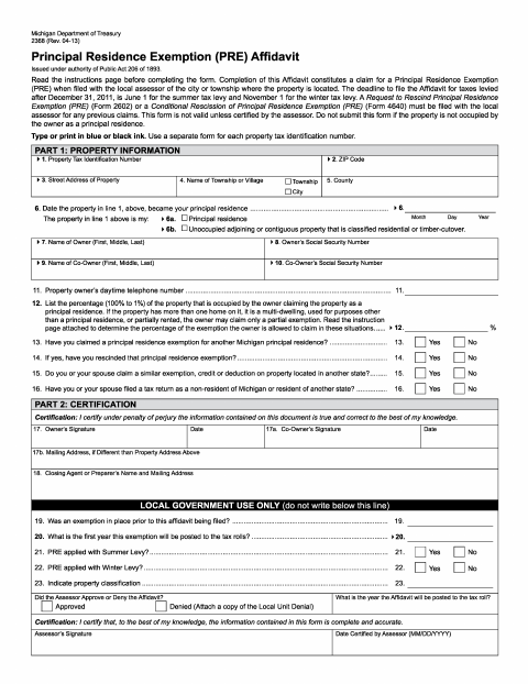 First page of the Principal Residence Exemption Affidavit