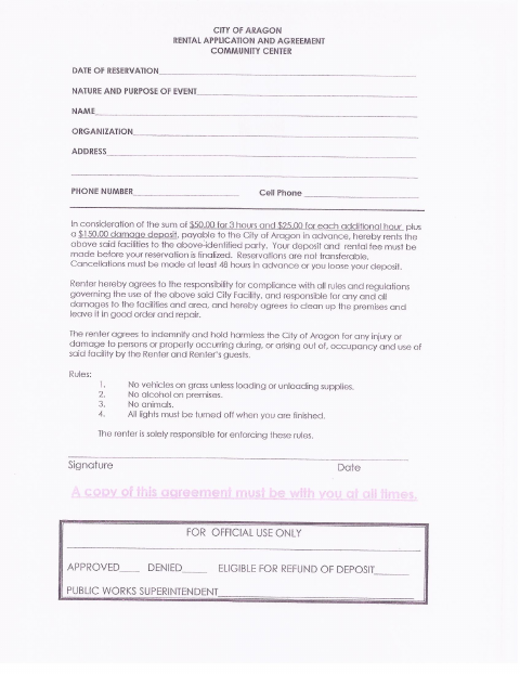 First page of the Community Center Rental Application and Agreement