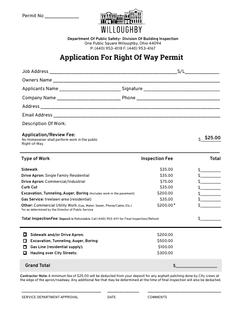 First page of the Application for Right of Way Permit
