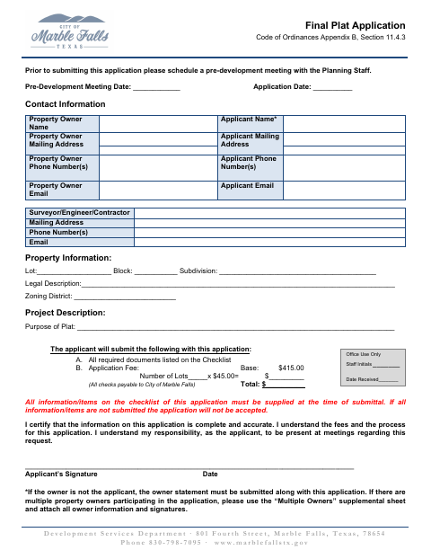 First page of the Final Plat Application