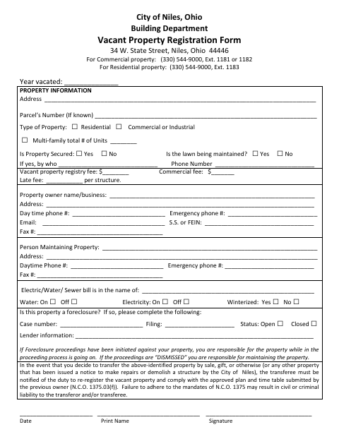 First page of the Vacant Property Registration Form