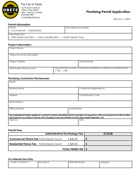 First page of the Plumbing Permit Application
