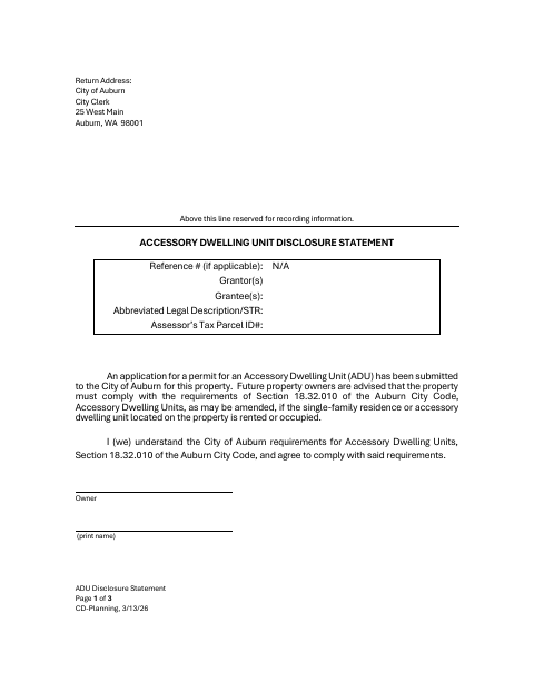 First page of the Accessory Dwelling Unit Disclosure Statement