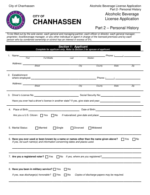 First page of the Alcoholic Beverage License Application Part 2 – Personal History