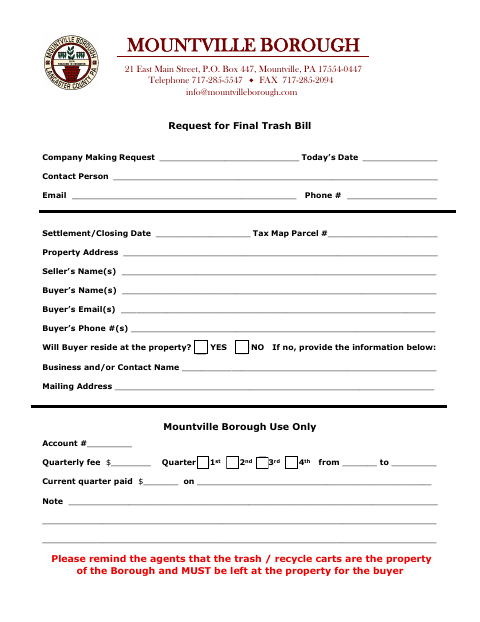 First page of the Request for Final Trash Bill