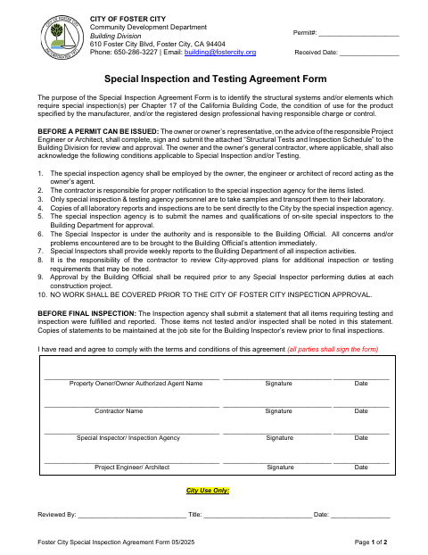 First page of the Special Inspection and Testing Agreement Form