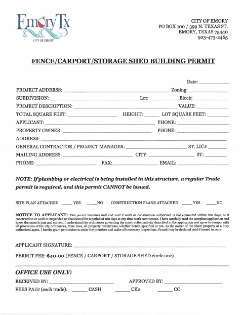 First page of the Fence/Carport/Storage Shed Building Permit