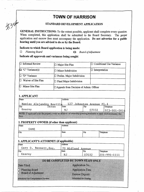 First page of the Standard Development Application and Variance Checklist