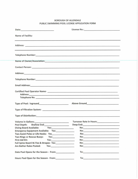 First page of the Public Swimming Pool License Application