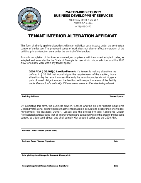 First page of the Tenant Interior Alteration Affidavit