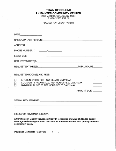 First page of the LK Painter Community Center Request for Use of Facility