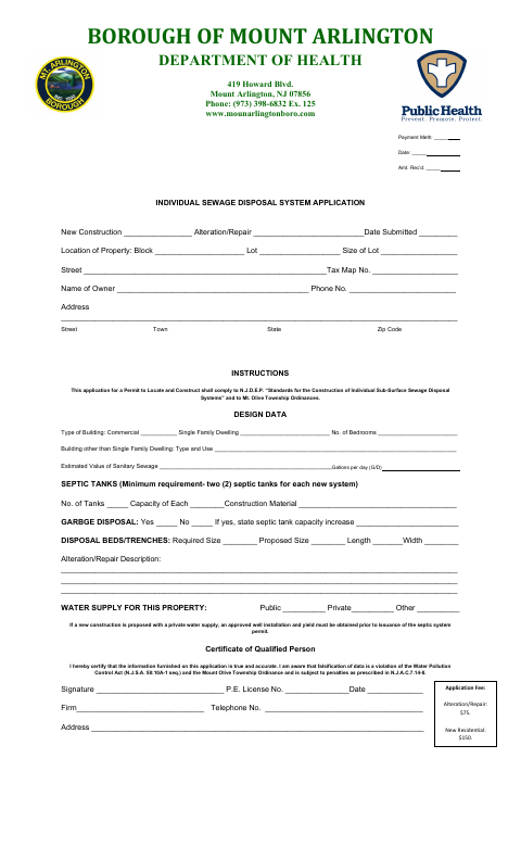 First page of the Individual Sewage Disposal System Application