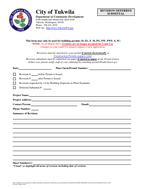 First page of the Revision/Deferred Submittal
